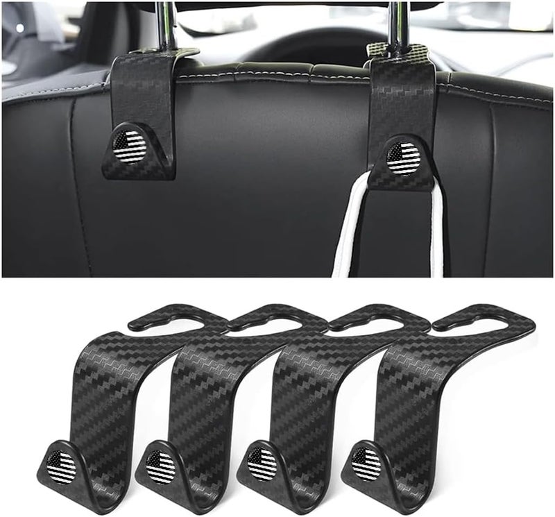 Hanemia 4PCS Car Seat Headrest Hooks, Auto Back Seat Hanger Holder, Durable Stylish Vehicle Organizer Universal Car Accessories, Storage Hooks for Purses, Bags, Clothes, Coats (Carbon Fiber/Black Flag) - Image 1